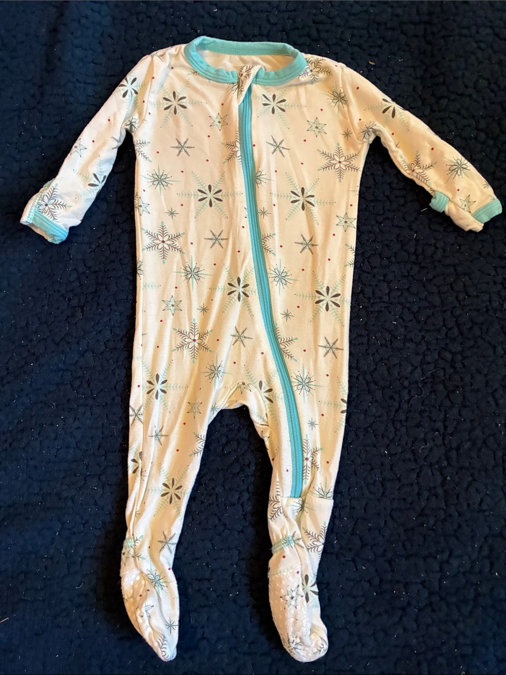 Kickee Pants white Footed Pajama with Teal Trim and Snowflake Print